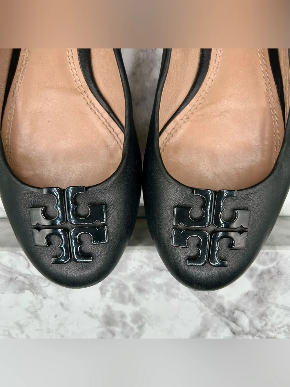 Tory Burch Black Leather Logo Ballet Flats